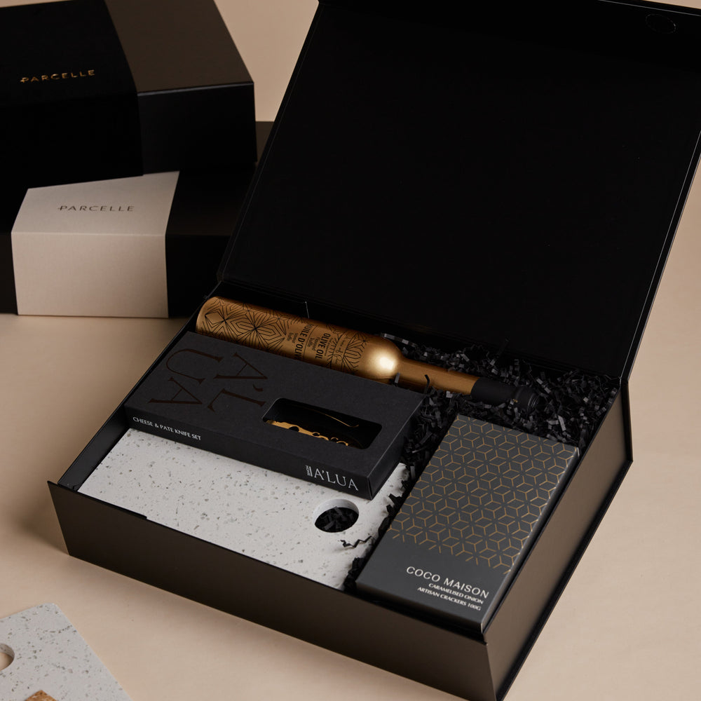 Parcelle | The Cook gourmet settlement hamper with terrazzo serving board, cheese knife set, artisan crackers, and truffle oil — perfect housewarming gift in Sydney