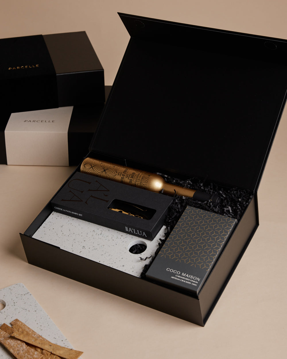 Parcelle | The Cook gourmet settlement hamper with terrazzo serving board, cheese knife set, artisan crackers, and truffle oil — perfect housewarming gift in Sydney