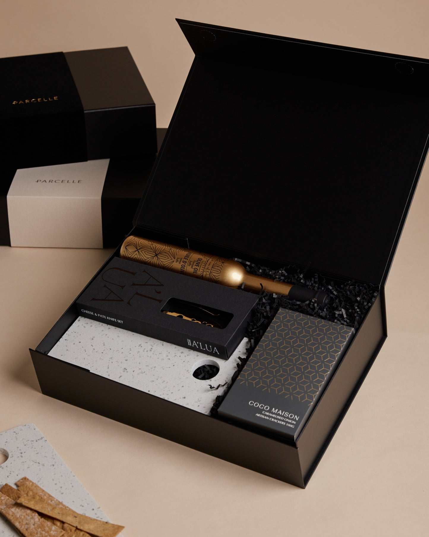 Parcelle | The Cook gourmet settlement hamper with terrazzo serving board, cheese knife set, artisan crackers, and truffle oil — perfect housewarming gift in Sydney