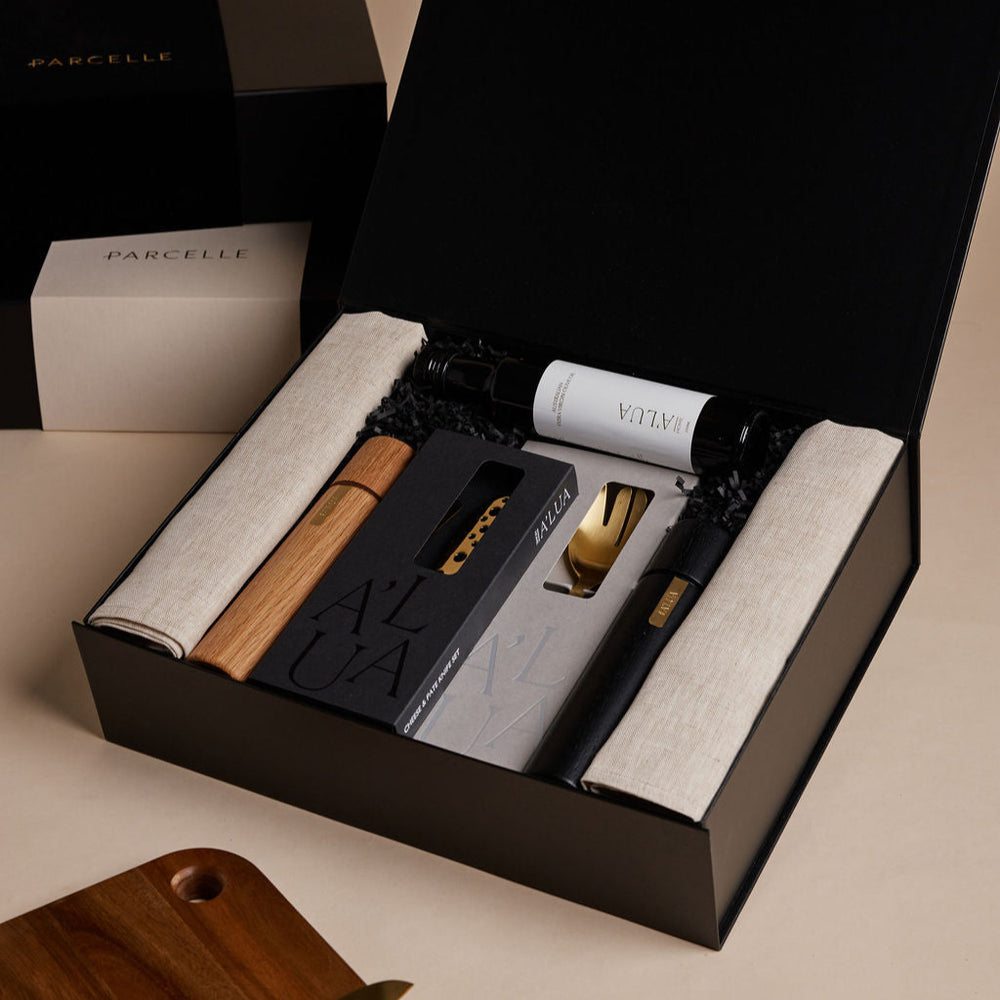 Parcelle | The Entertainer Gift Hamper | Luxury Corporate Gifts Australia | Close-up of The Entertainer hamper with artisan homewares and gourmet essentials