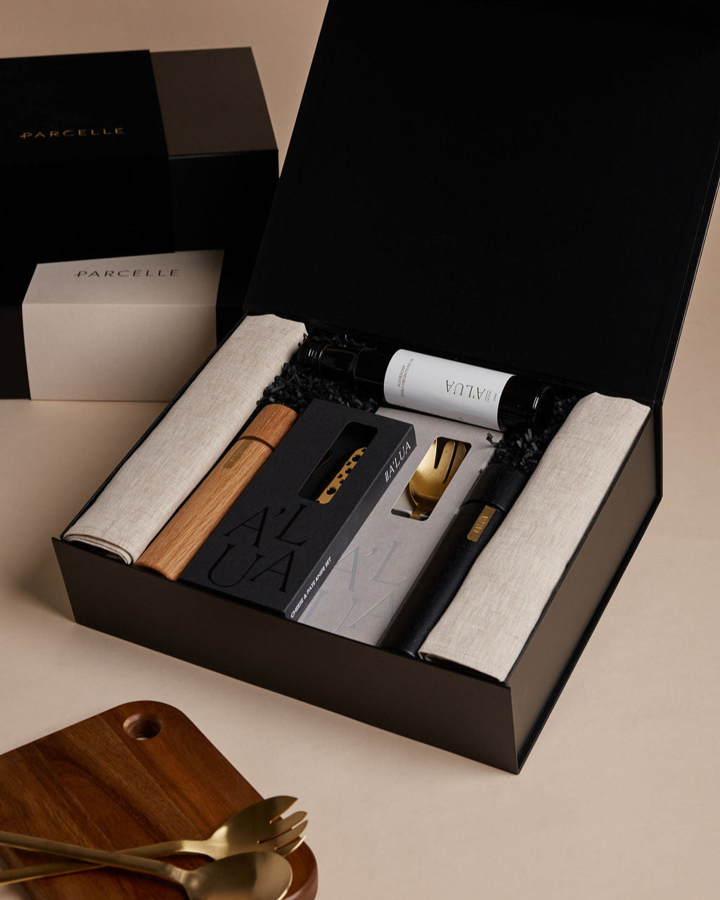 Parcelle | The Entertainer Gift Hamper | Luxury Corporate Gifts Australia | Close-up of The Entertainer hamper with artisan homewares and gourmet essentials