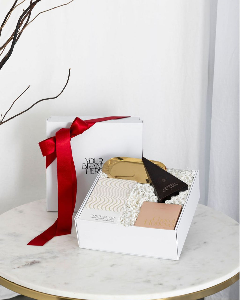 Parcelle | Christmas Cheer luxury hamper with Rosemary & Sea Salt Crackers, Milk Chocolate Honeycomb, Dark Chocolate Raspberries, and Gold Dish, presented in Parcelle gift box with Australiana or Candy Stripe sleeve, free branding available