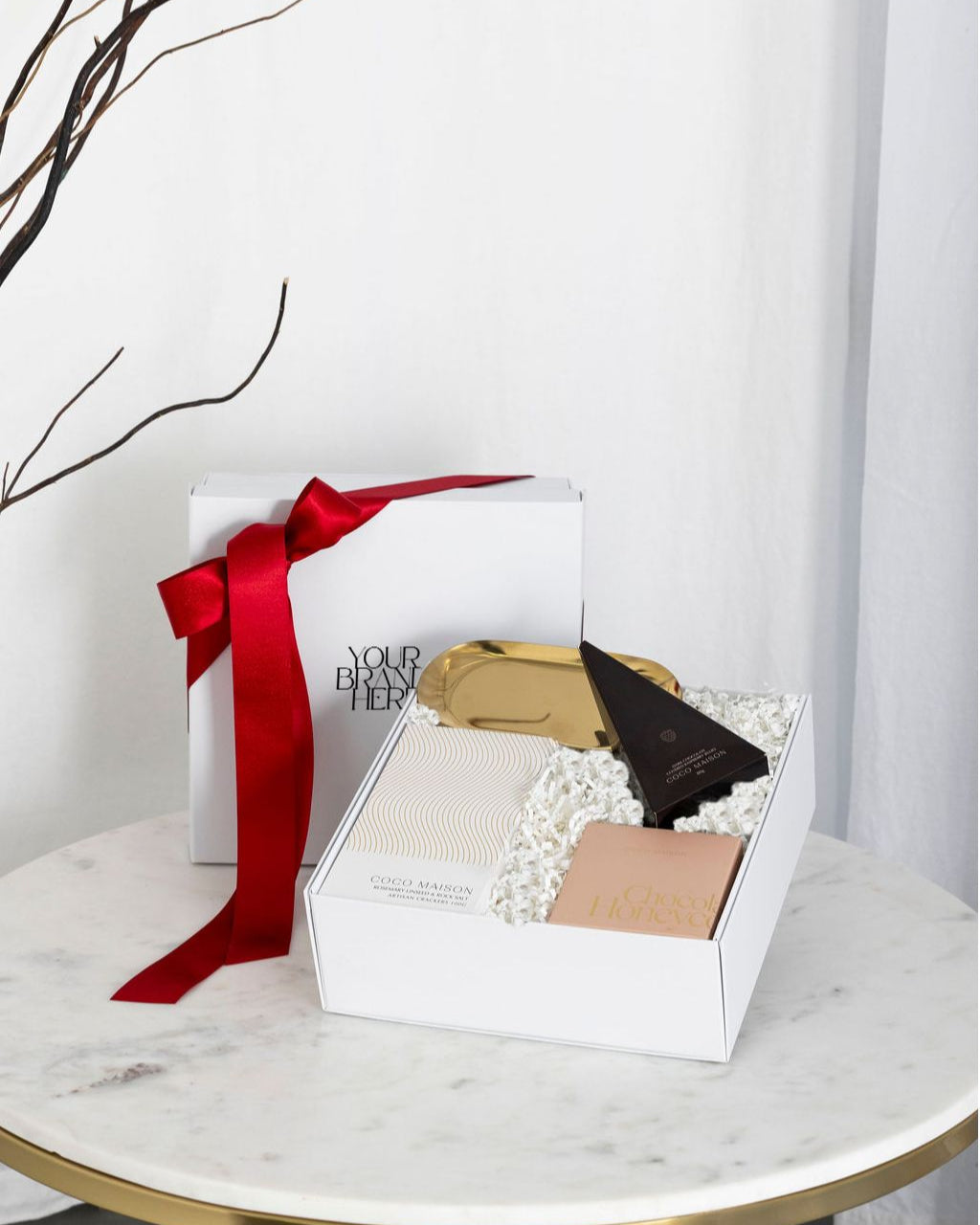 Parcelle | Christmas Cheer luxury hamper with Rosemary & Sea Salt Crackers, Milk Chocolate Honeycomb, Dark Chocolate Raspberries, and Gold Dish, presented in Parcelle gift box with Australiana or Candy Stripe sleeve, free branding available