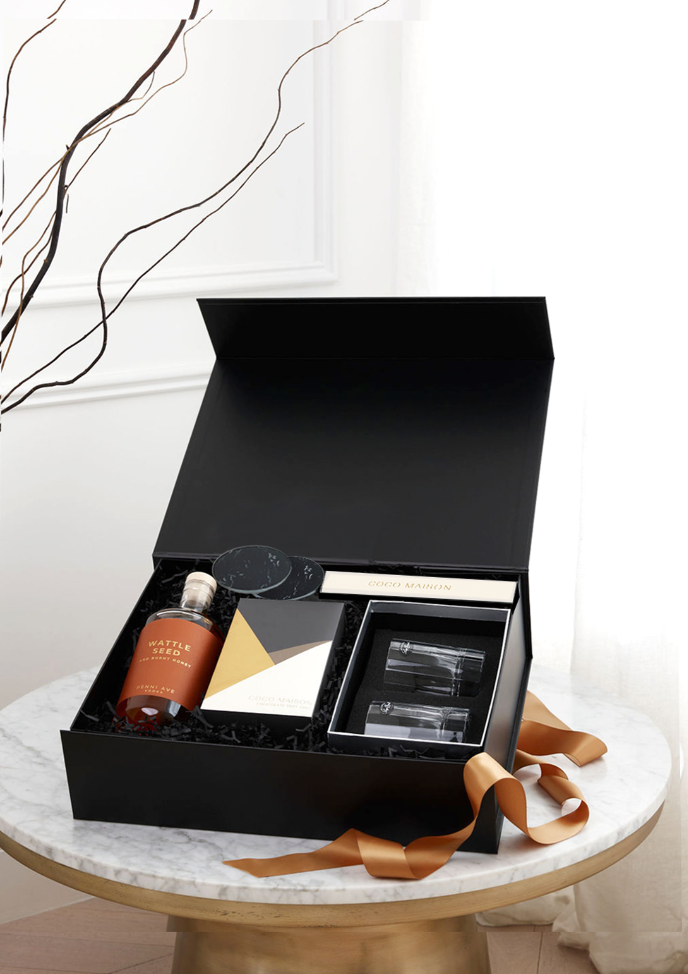 Parcelle | Corporate Vodka Christmas Hamper with Penni Ave Wattle Seed & Burnt Honey Vodka, tumblers, marble coasters, and chocolates in Parcelle XL Gift Box with custom branding